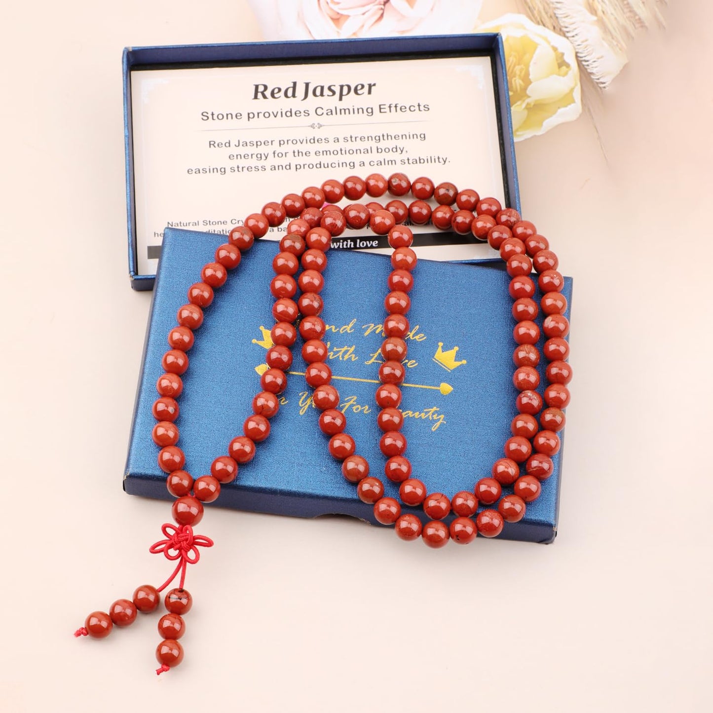 AD Beads 8mm 108 Prayer Mala Red Jasper Elastic Bracelet - Stone Provides Calming Effects - Handmade Yoga Meditation Healing Power Energy Gifts for Unisex Adult.