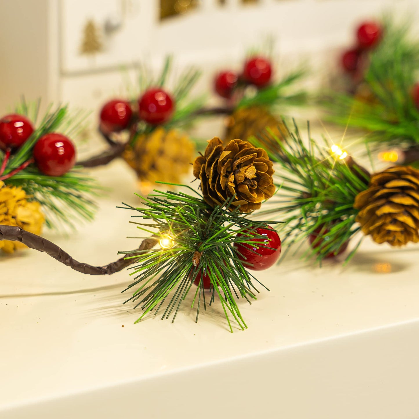 Dazzle Bright 2 Pack Pine Cone Christmas String Lights, Total 13FT 40LED Battery Operated Christmas Garland with Red Berry Pine Cone Fairy String Lights for Indoor Outdoor Xmas Decorations