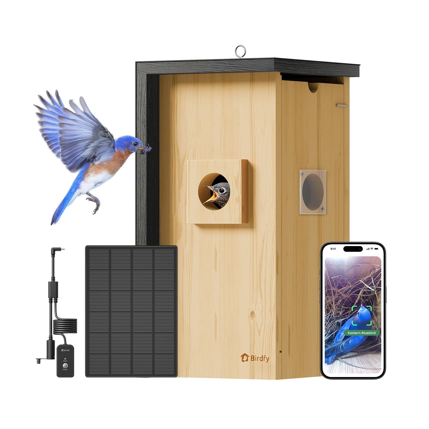 Birdfy Bird House with Camera Solar Powered with Iron Guard for Outside, AI Identify, 1080P HD & Night Vision for Bluebird Finch Swallow Wren Chickadee Nesting Watching, Auto Detect & Notify