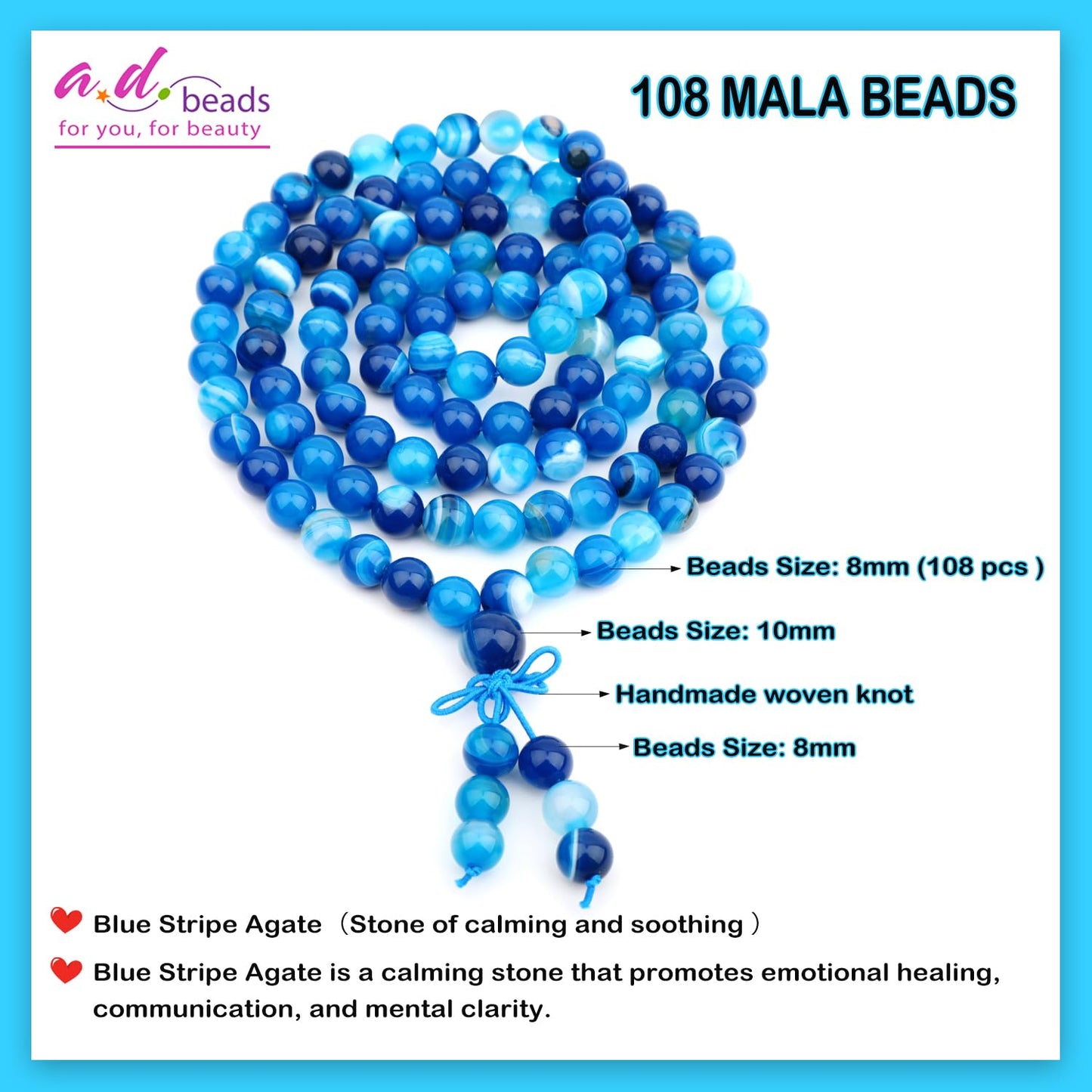 AD Beads 8mm 108 Prayer Mala Blue Stripe Agate Elastic Bracelet - Calming and Soothing - Handmade Yoga Meditation Healing Power Energy Gifts for Unisex Adult.