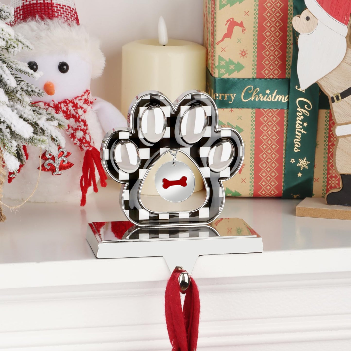 Fowecelt Dog Paw Christmas Stocking Holder with Small Paw Pendant 3D Silver Metal Mantel Black Buffalo Plaid Stocking Hanger for Fireplace Mantel Shelf Stand Table Christmas Decor