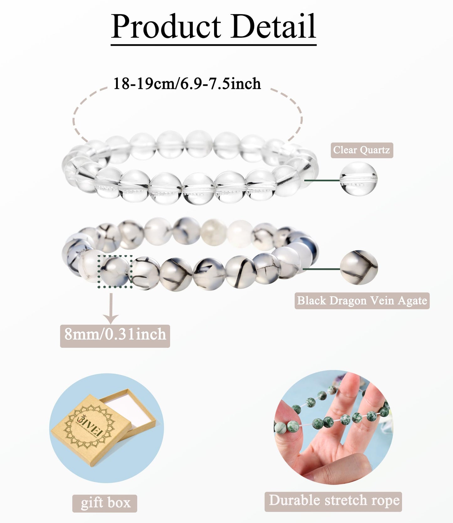 Bivei Natural Gemstone Semi Precious Crystals Handmade Stretchy Round Beads Bracelet, Enhance Positive Energy,Stocking Stuffers for Women(Clear Quartz & Dragon Vein Agate（Master Healer） Medium)