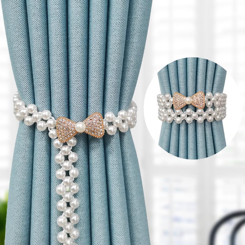 Funny live Curtain Tiebacks, 2 Pack Curtain Ties Outdoor Elegant Decorative Tie Backs Modern Pearl Tiebacks for Drapes Window Curtain Holdbacks for Draperies Accessories (Pearl Bow)