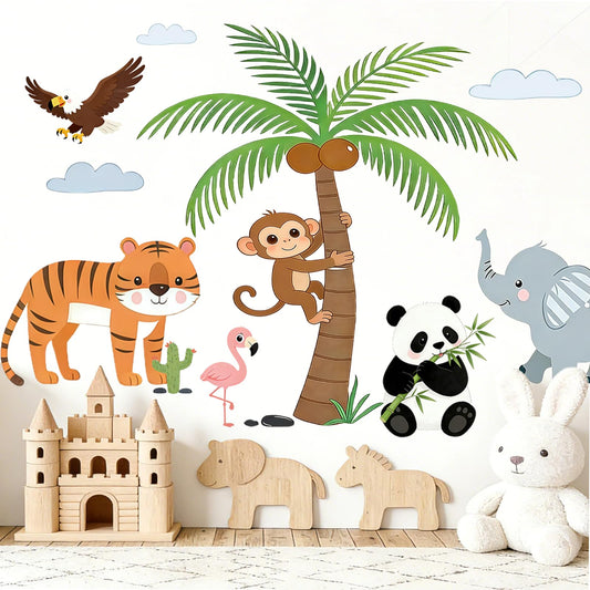 Jungle Tree Animal Wall Decals with Eagle Monkey Tiger Panda Elephant, Peel and Stick Safari Wall Stickers for Baby Nursery, Kids Bedroom and Playroom Decor