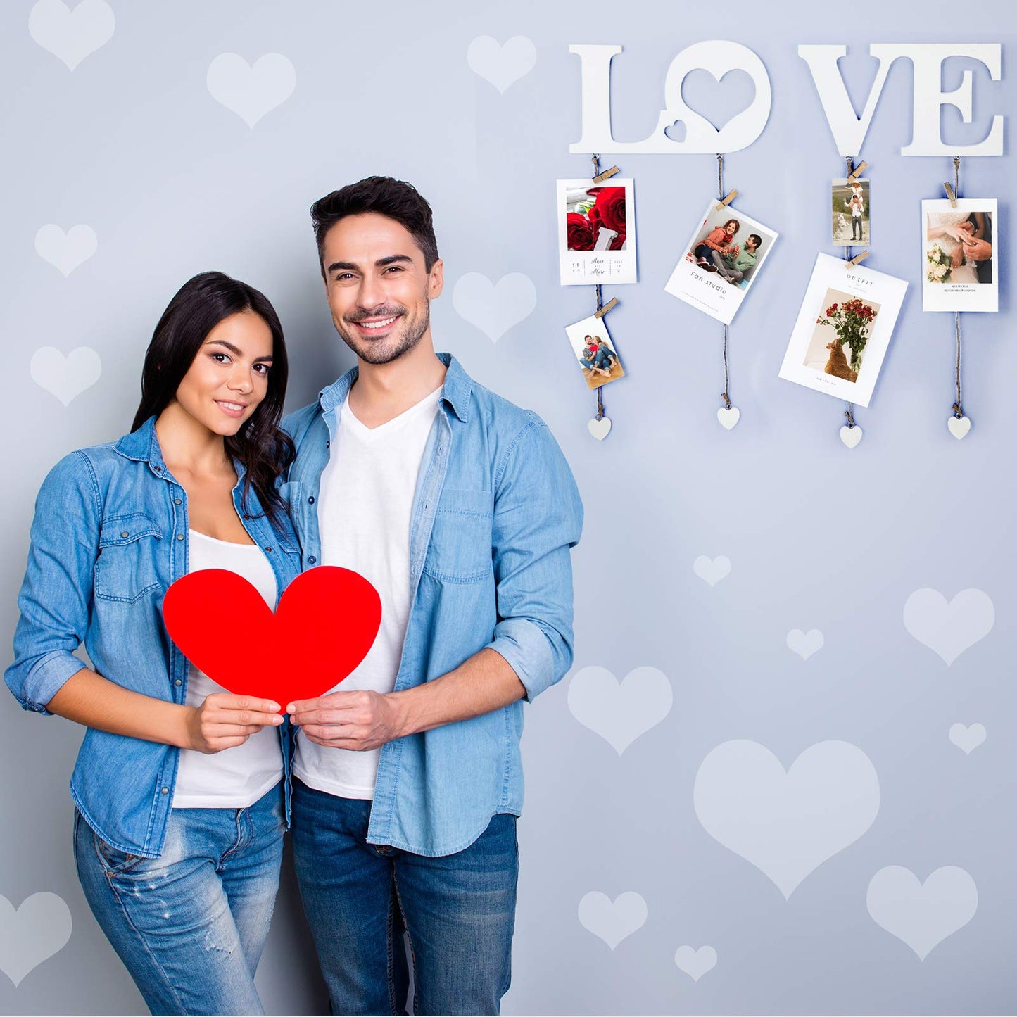 Chuangdi Valentine Picture Frames Love Hanging Photo Display Wall Decor with Clips String Picture Hanger Heart Design Decorative Organizer Display for Home Bedroom Living Room Decoration (White)