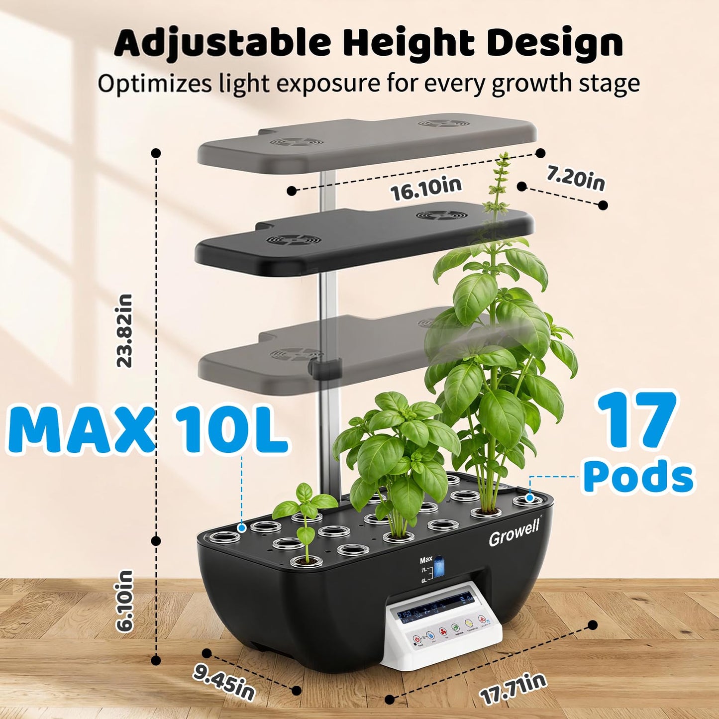 Growell Hydroponics Growing System Kit, 17 Pods Indoor Herb Garden with 2 Fans Circulation, Grow Light, Smart Water Cycle, Auto Timer, 10L Water Tank,Perfect Indoor Gardening System Gifts(Black/White)