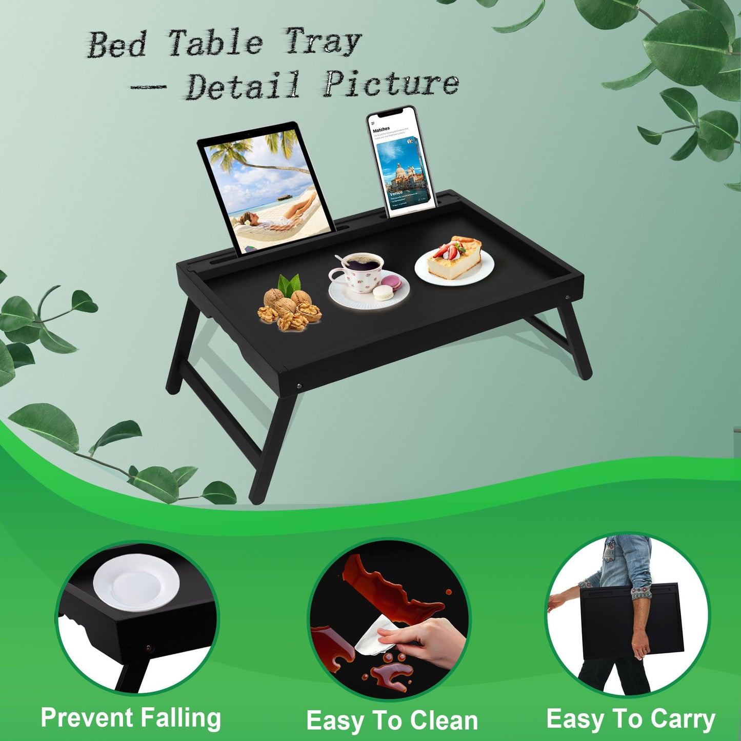 Asuthzon Bed Tray Table with Foldable Legs, Breakfast Trays for Eating on Couch with Media Slot in Bed, Eating, TV Tray, Kitchen Serving Tray(Black, Medium)