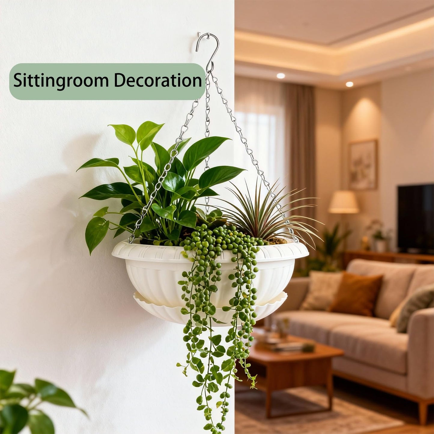 summer flower 3 Pack Large Hanging Planters 12.59in Plastic Plant Pots with Drainage Holes & Trays for Indoor Outdoor Garden Wall Window Decor (White)