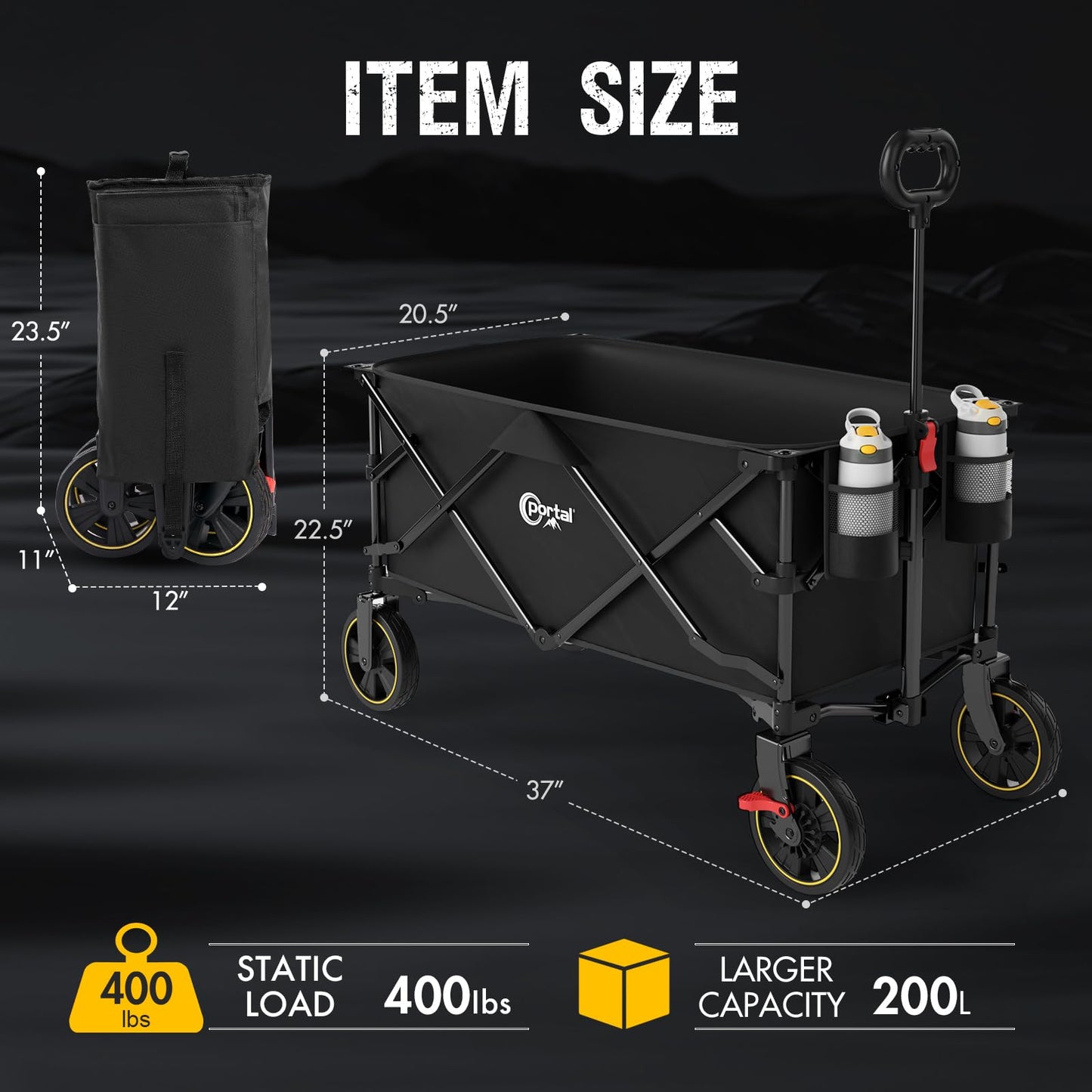 Portal Collapsible Folding Wagon Cart, 400lbs Heavy Duty Foldable Wagons with Wheels & Brake, Utility Grocery carts for Outdoors Camping, Shopping, Sports, Garden, Beach, Black
