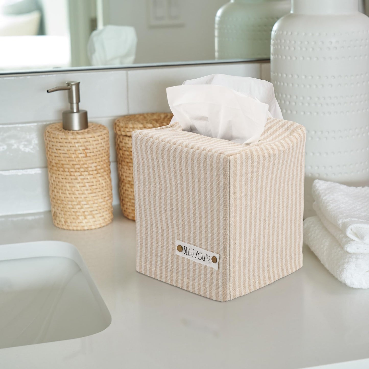 Stylish Tissue Box Cover - This Beige Striped Linen Holder Instantly Covers Your Square Tissue Boxes - The Perfect Cube Cover for Your Bathroom and Home