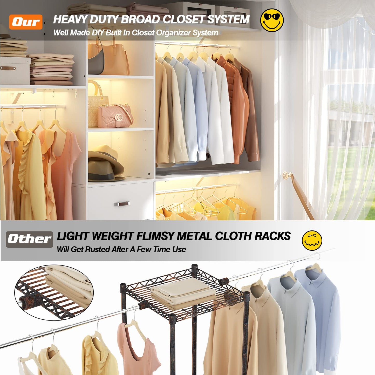 iSunirm 8FT Closet System, 96'' Closet Organizer System with 3 Hanging Rods, Wall Mount Bedroom Wardrobe with 3 Drawers Walk-in Closet, Adjustable Cloth Garment Rack from 5 to 8FT (Cut to Fit), White
