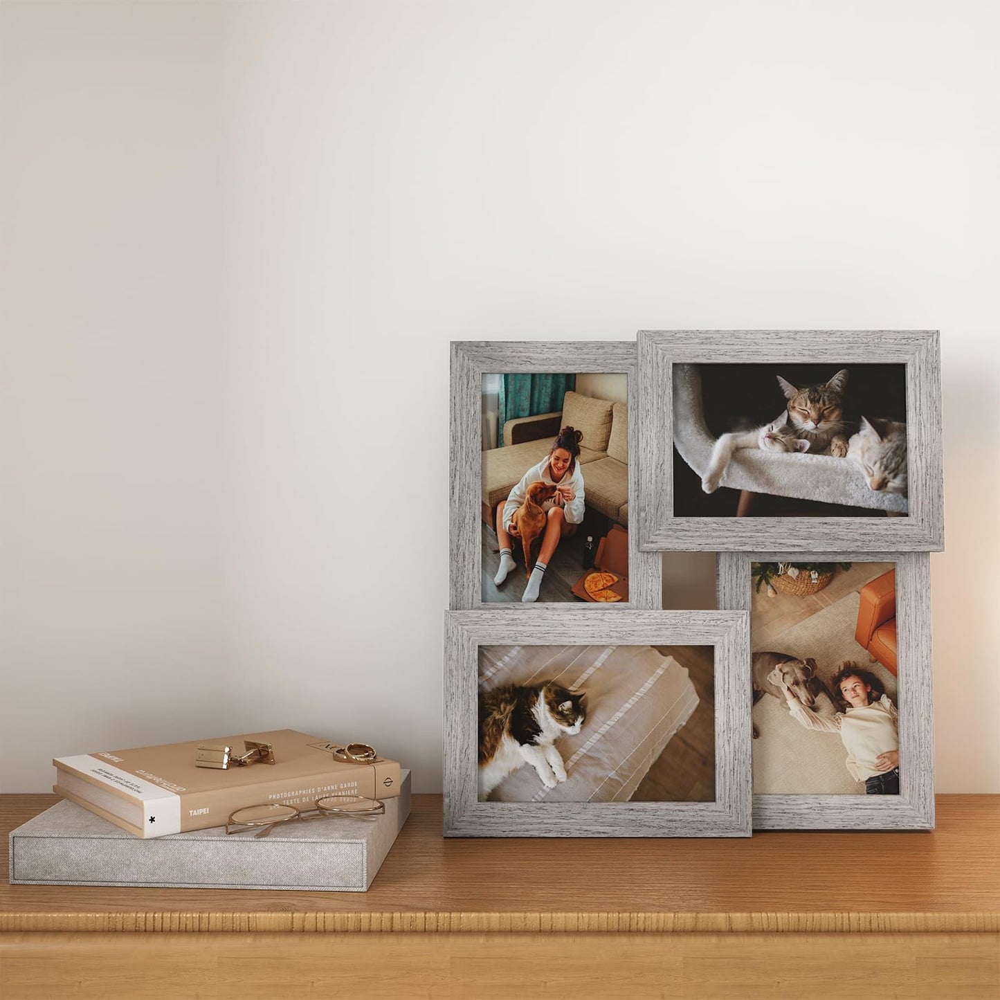 Egofine 4x6 Picture Frame Collage, Family Picture Frame for 4x6 pictures Covered by Plexiglass for Wall Hanging and Tabletop, 4-opening Dimensional Picture Frame for Home Deor, Oak Grey