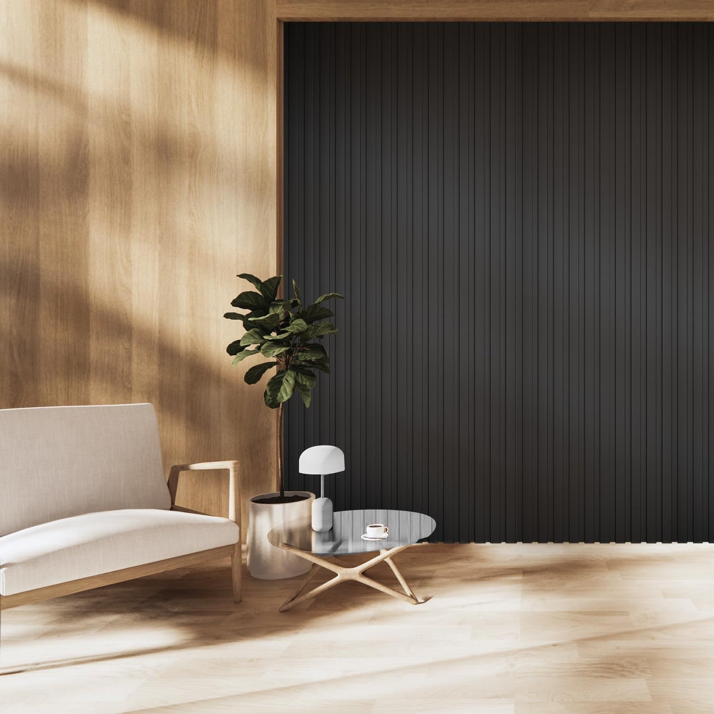 OUZUGIE WPC Acoustic Slat Wall Paneling, 8-Pack 96 x 6 Inches 3D Wall Panels for Interior Wall Decor,Living Room,TV Background,Study Room,Office Spaces,Bedroom,Low Grille (Black)