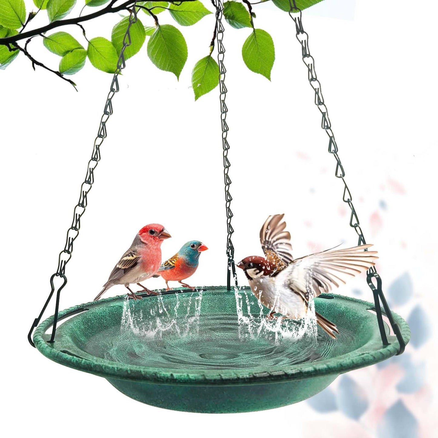 VIHSIPR Hanging Bird Bath & Feeder Bowl, 12 in Outdoor Bird Bath with Chains, Backyard Garden Decor, Durable Weather-Resistant PP, Antique Green – 1 Pack