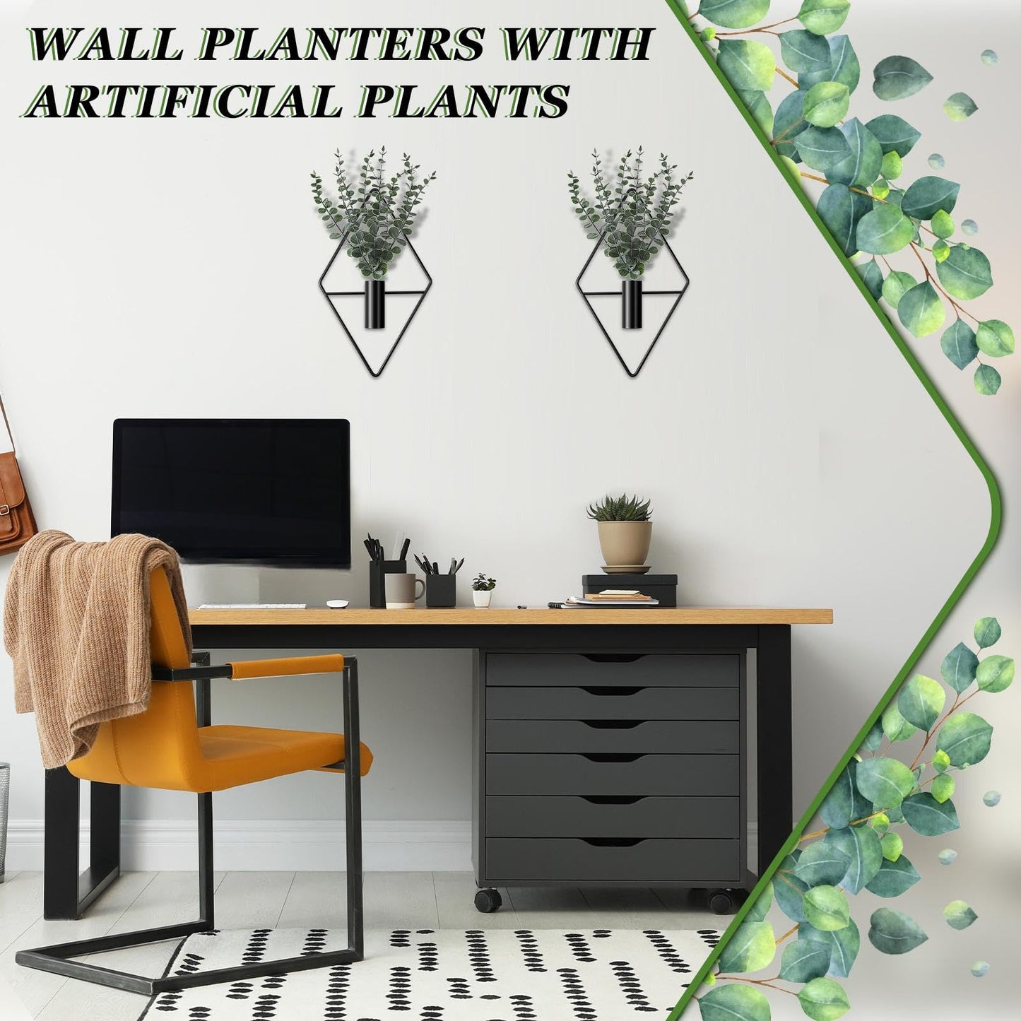 Jexine 4 Pcs Hanging Planters with Artificial Eucalyptus Metal Hanging Vase Indoor Plants Holder Modern Geometric Boho Bathroom Wall Decor for Living Room Home Office(Black)