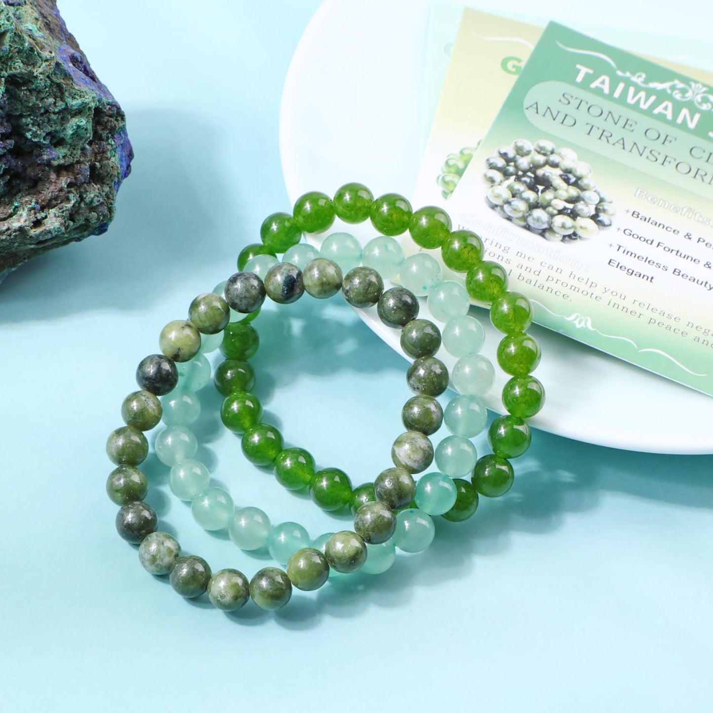 NCB 3-Piece 8mm Natural Crystal Gemstone Stretch Bracelets – ﻿Green Jade, Green Aventurine, Taiwan Jade Handmade Reiki Energy Healing Jewelry for Meditation,Yoga, Unisex