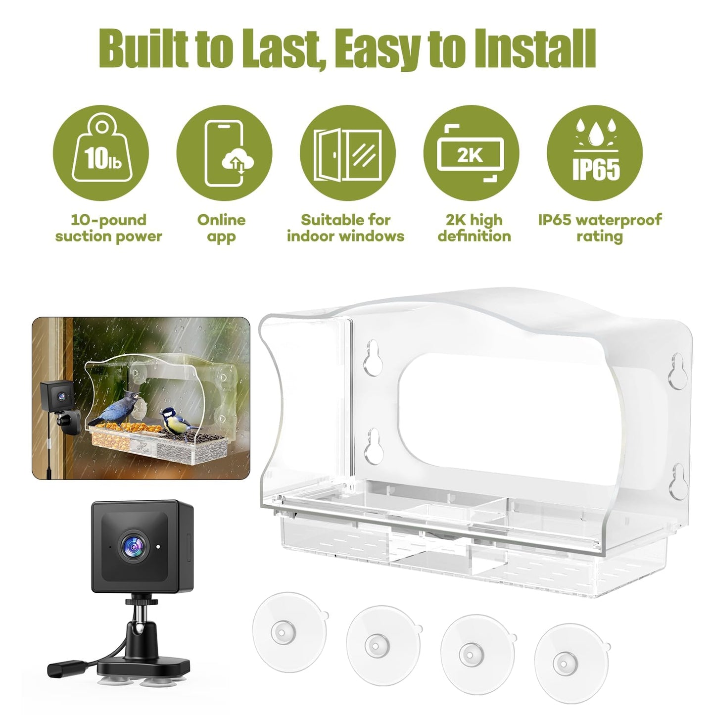 Freeseason Waterproof Smart Bird Feeder Camera with AI ID, 2K HD Glare-Free Video. All-Weather Outdoor Window Mount. Unique Gifts for Elderly Parents, Kids, Birding Lovers & Gardeners
