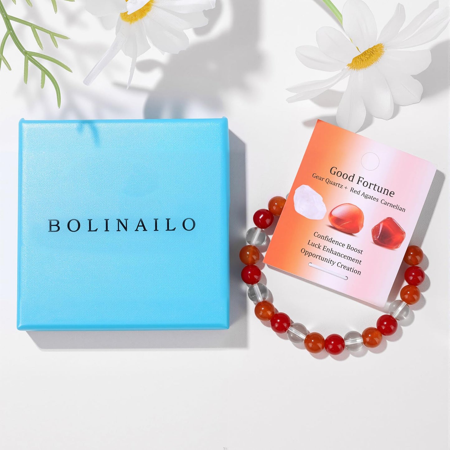 Bolinailo Healing Crystal Bracelet for Women Men 8mm Around Beaded Bracelet Clear Quartz Red Agate Carnelian Natural Stone Handmade Stretch Good Luck Bracelet Beads Spiritual Crystal Jewelry Gifts