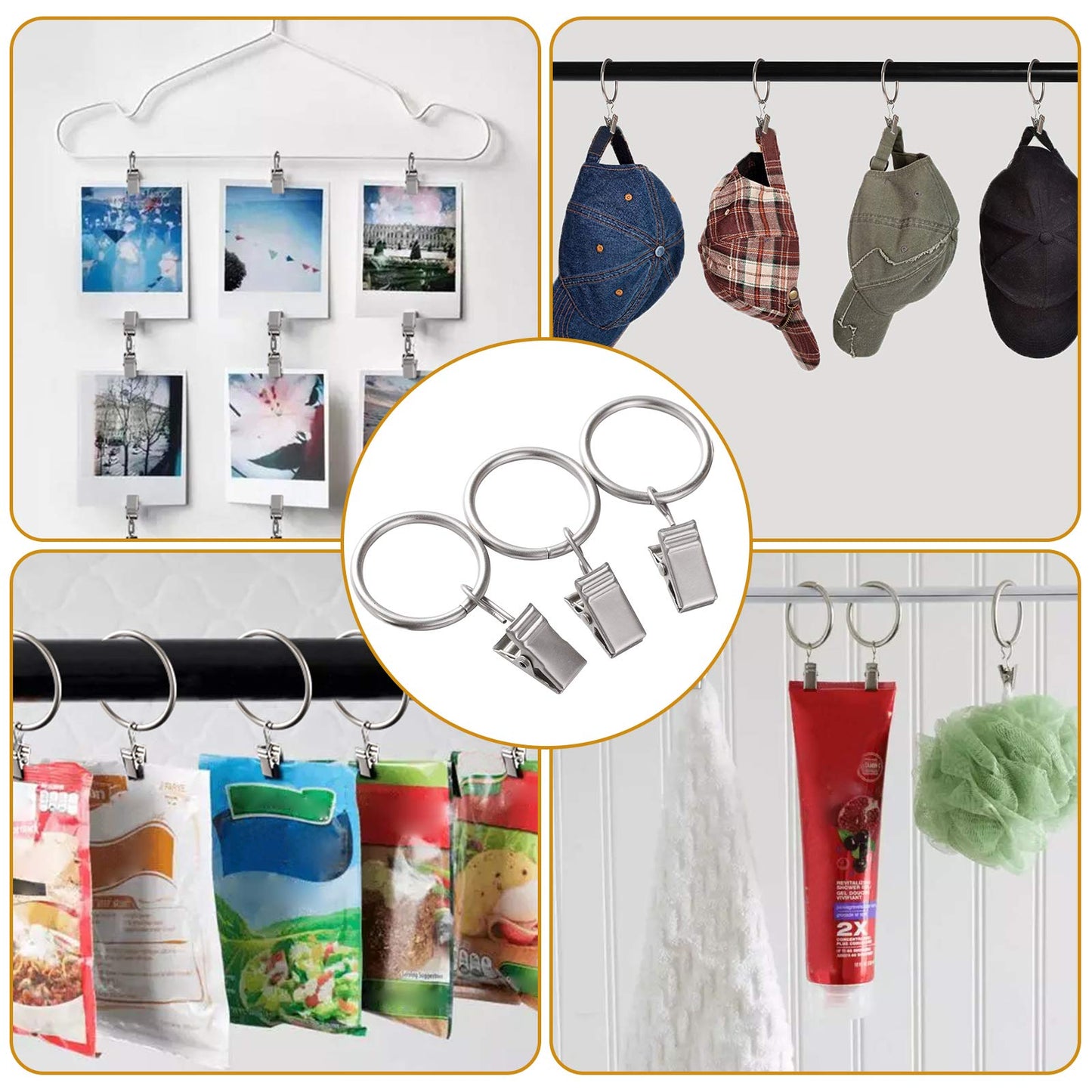 Lansian 20pcs Rustproof Drapery Matte Stainless Steel Metal Curtain Rings with Clips,Tension Curtain Hangers Clips, Decorative Curtain Rod Window, Matte Silver (1" Interior Diameter)