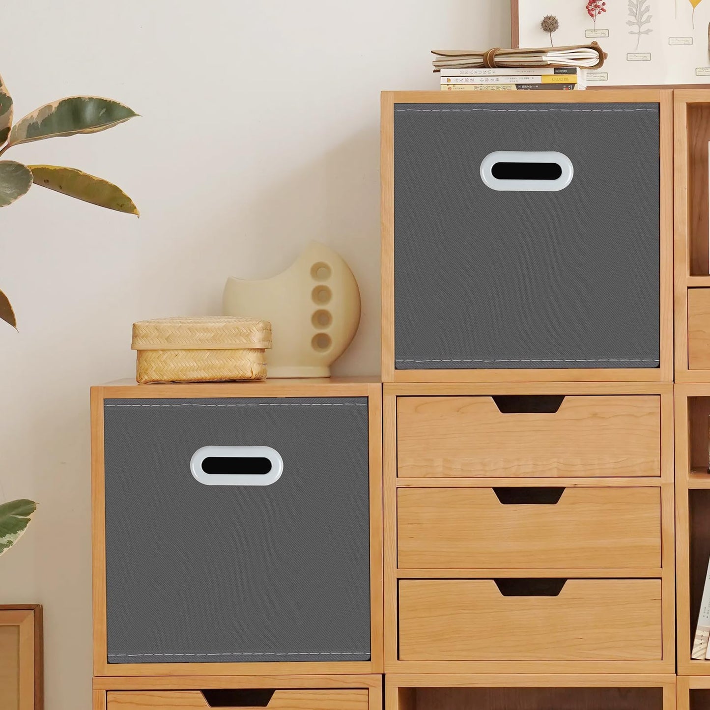 Yunkeeeper storage bins Cubes, Fabric Cube Organizer with Handle, Foldable Cube Bins for Cloth or Accessary Storage, 11x11x11, Set of 3,(Gray)