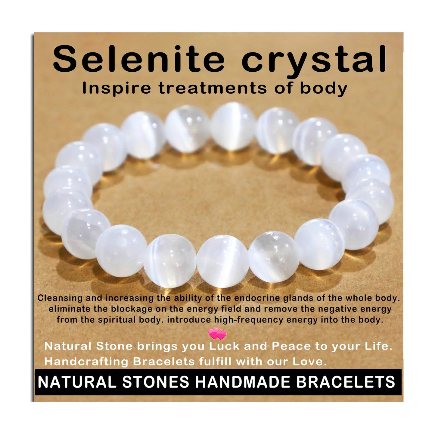 AD Beads Handmade Gemstone Stretch Elastic Bracelet Crystal Healing Reiki Nature's Beauty and Spiritual Essence Unisex (10mm, Selenite Crystal (Inspire Treatments))