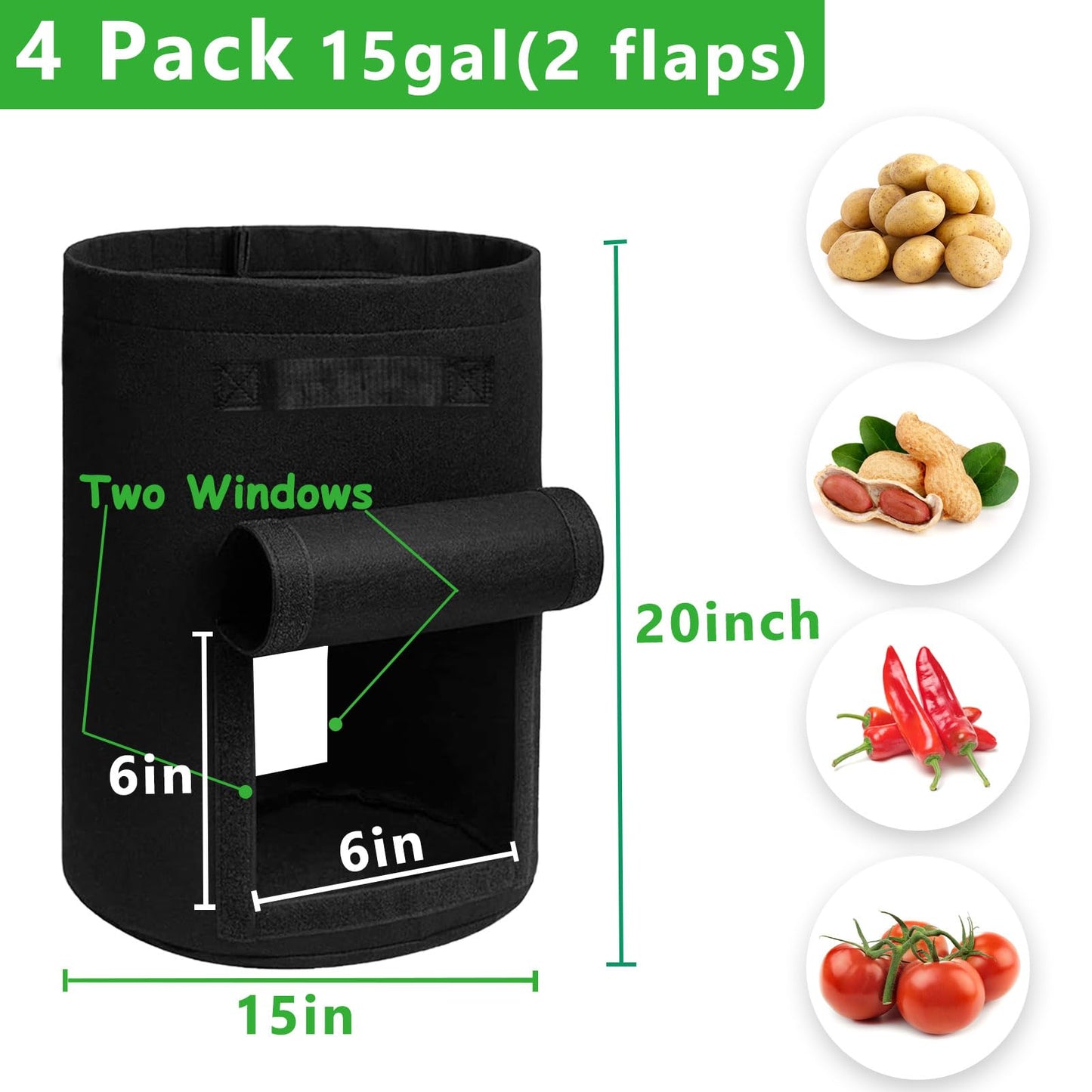 TCBWFY 4 Pack Potato Grow Bags with 2 Flaps 15 Gallon,Heavy Duty 14oz/yd² Planter Pot with Sturdy Handles and 2 Harvest Windows for Potato Tomato and Vegetables