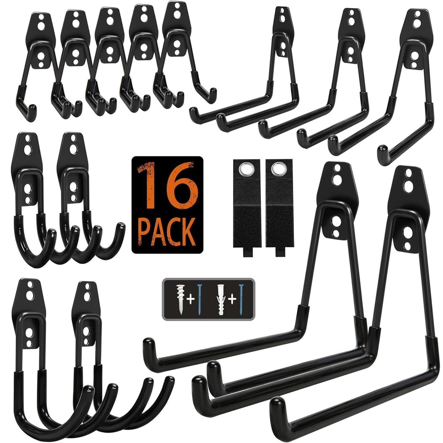 KOFANI Steel Garage Storage Hooks - 16 Pack Anti-Slip Coating, Heavy Duty Wall Mount Hooks for Hanging Bike, Ladder, Garden Tools
