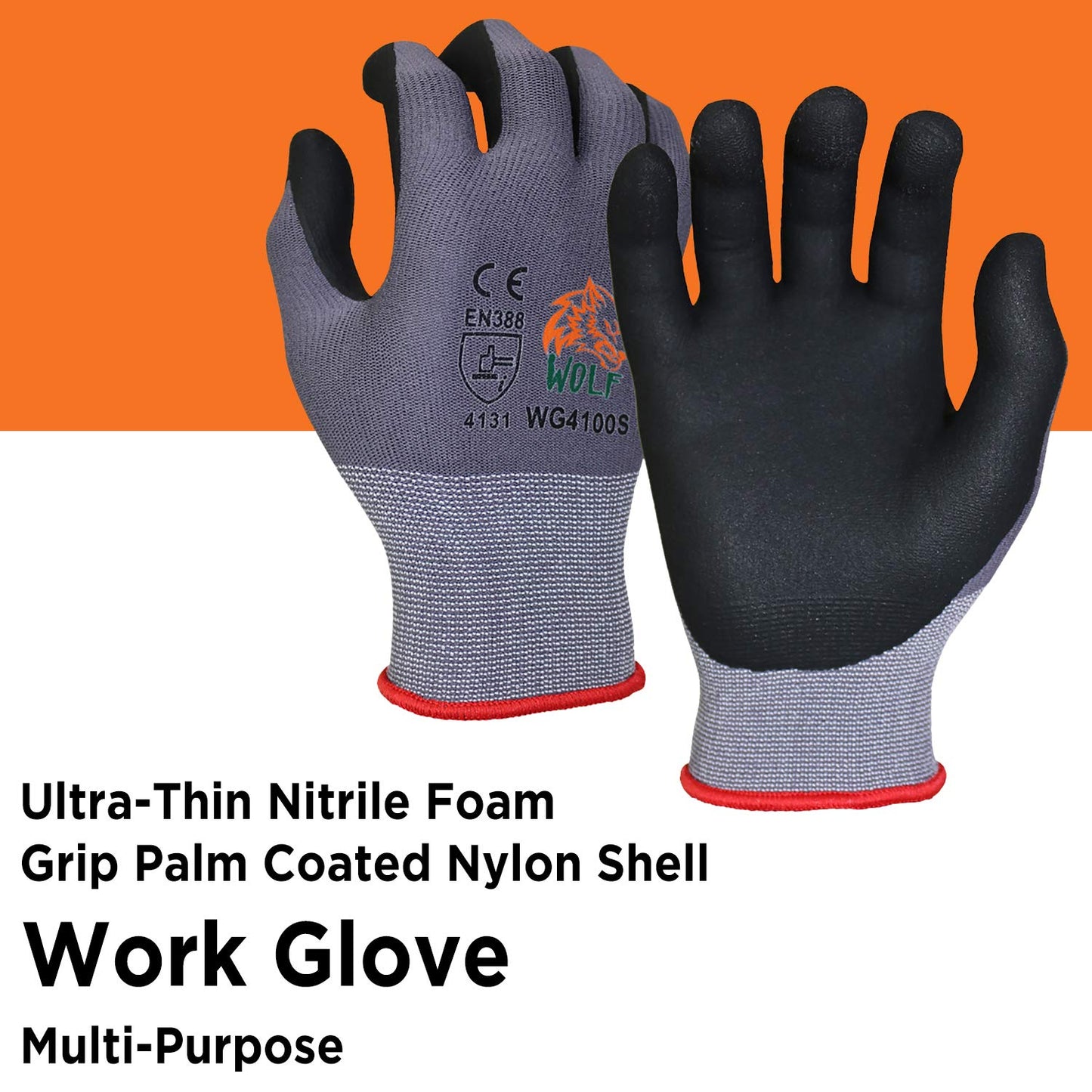 WOLF Ultra-Thin Nitrile Foam Grip Palm Coated Nylon Shell Work Glove, Construction, Gardening, Mechanics, Warehouse, Multi-Purpose, Black (12, Extra Large)
