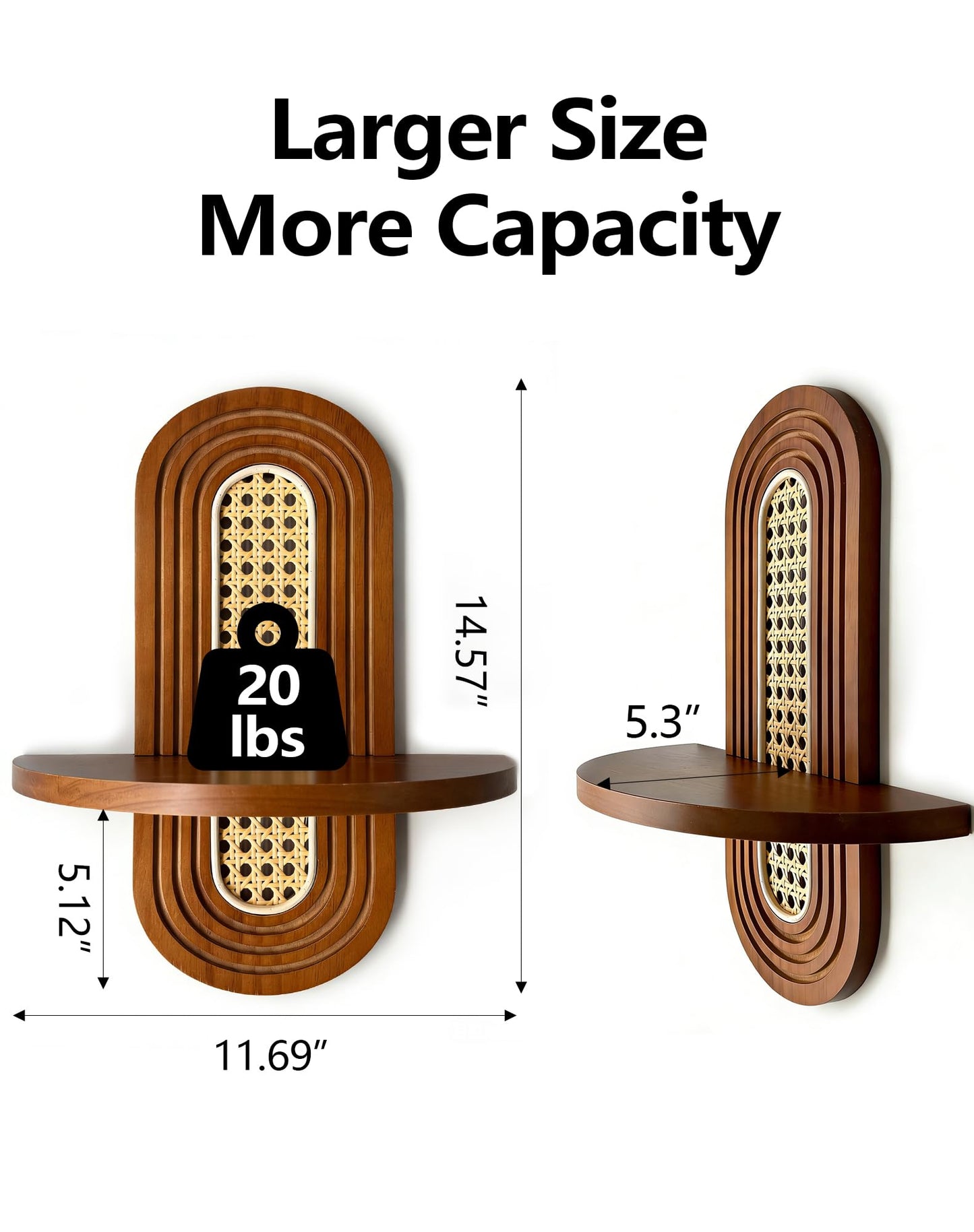Hongsane Floating Shelves for Wall, Boho Home Wall Decor,Rattan Plant Shelf Set of 2, Mid Century Small Decorative Shelf, Natural Wood Shelves for Living Room,Bedroom,House,Office (Walnut)