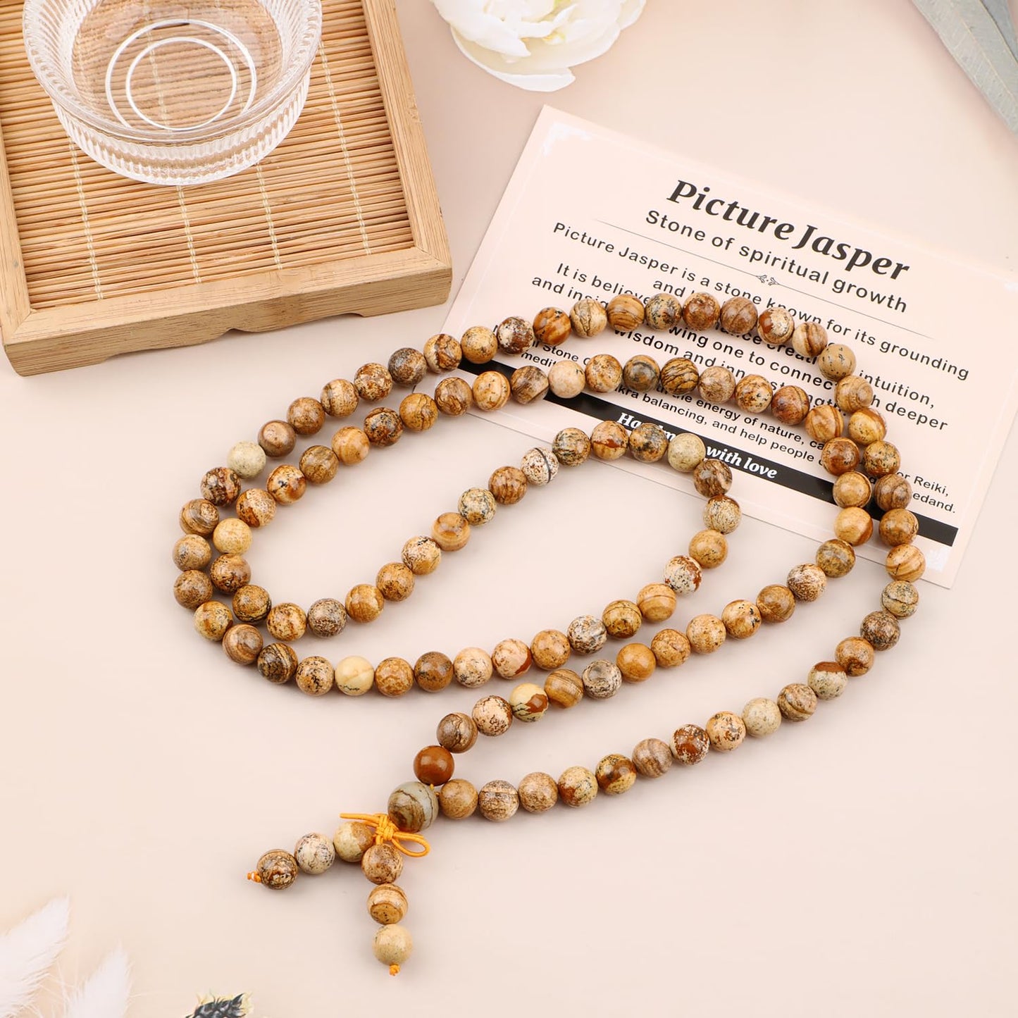 AD Beads 8mm 108 Prayer Mala Picture Jasper Elastic Bracelet - Spiritual Growth - Handmade Yoga Meditation Healing Power Energy Gifts for Unisex Adult.