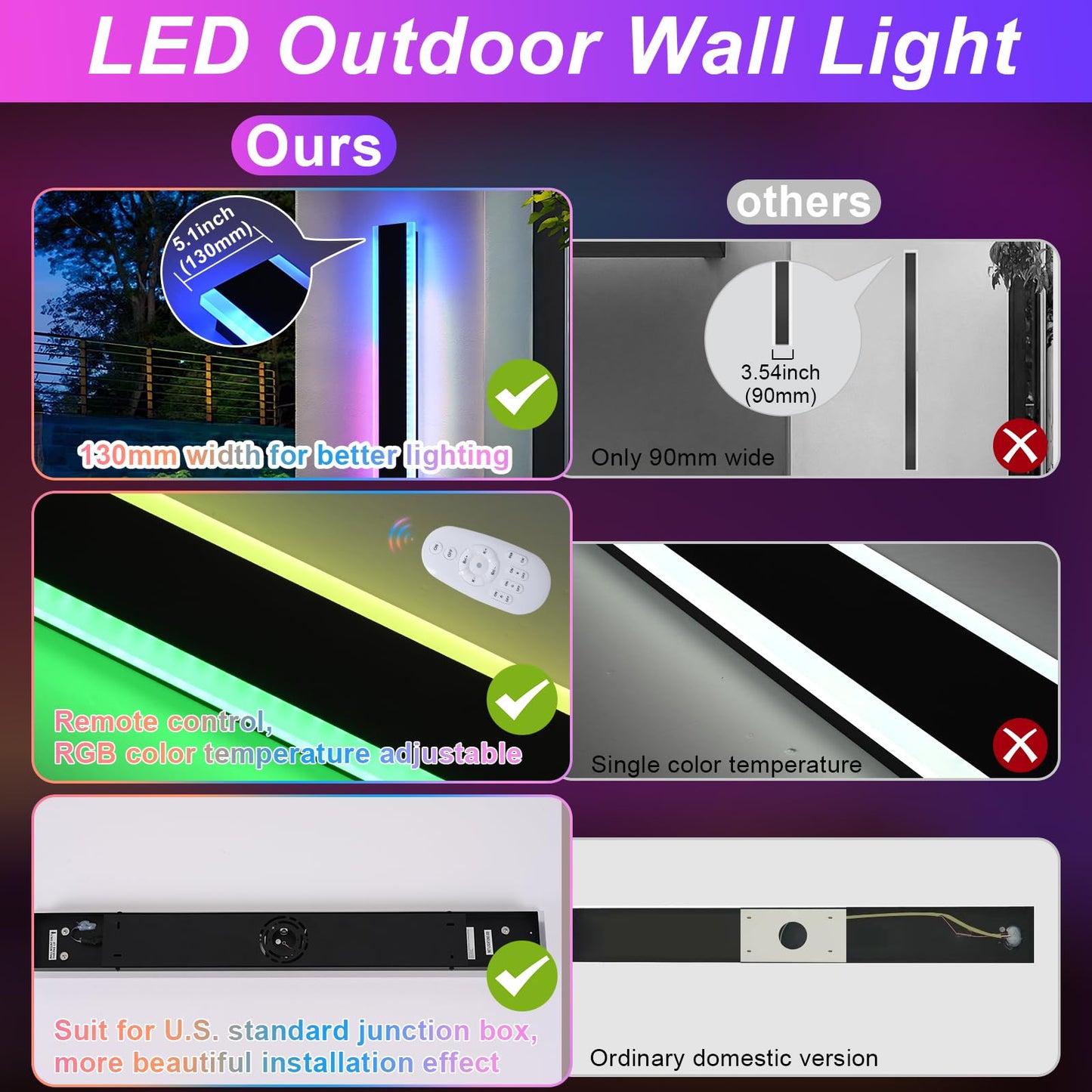 QueeuQ 2 Pack Modern RGB Outdoor Wall Lights for Patio,48 inch Long Outdoor LED Wall Lights,Dimmable LED Long Linear Exterior Lighting,Outside Linear Wall Light for Front Door,Garage,Enterway