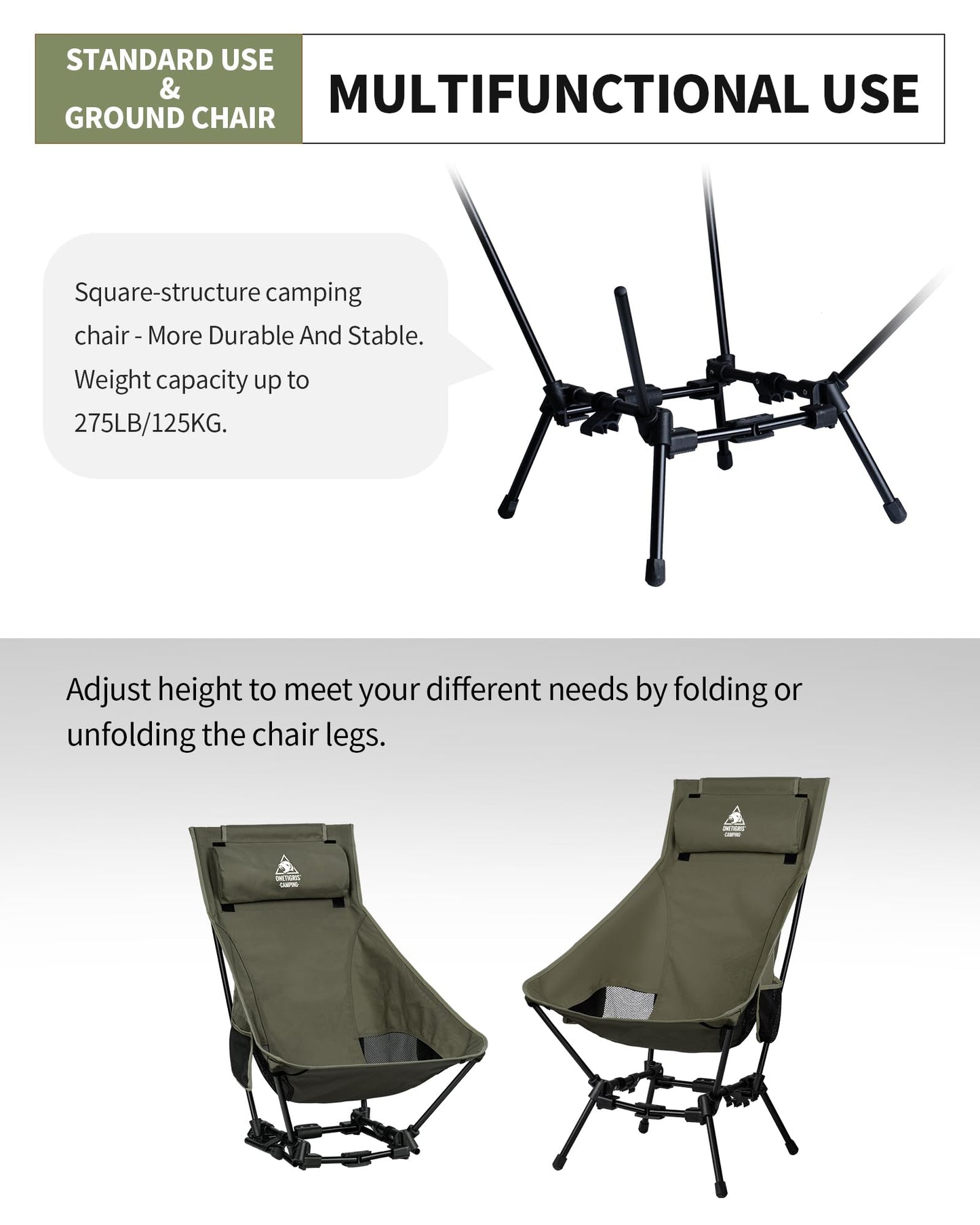 ONETIGRIS Dragonhide Oversized Camping Chair with Pillow Design, Comfortable Widened Seat Folding, 275 lbs Capacity