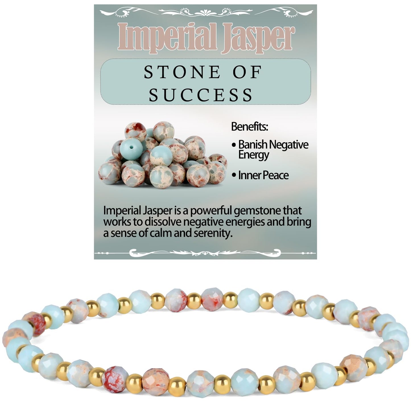 QOGIR Imperial Jasper - Stone of Success - 14K Gold Plated Beads Natural Gemstone Stretch Elastic Dainty Healing Beaded Bracelets Gifts 4mm