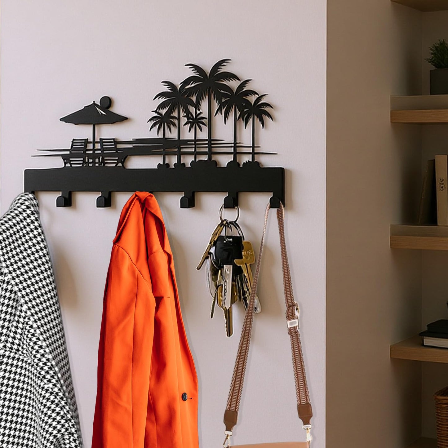useNumber Tropical Style Key Holder Wall Mount with 7 Hooks, Key Hanger Organizer for Front Door, Hallway, Entryway & Office Decor, Featuring Sunset and Coconut Tree Design