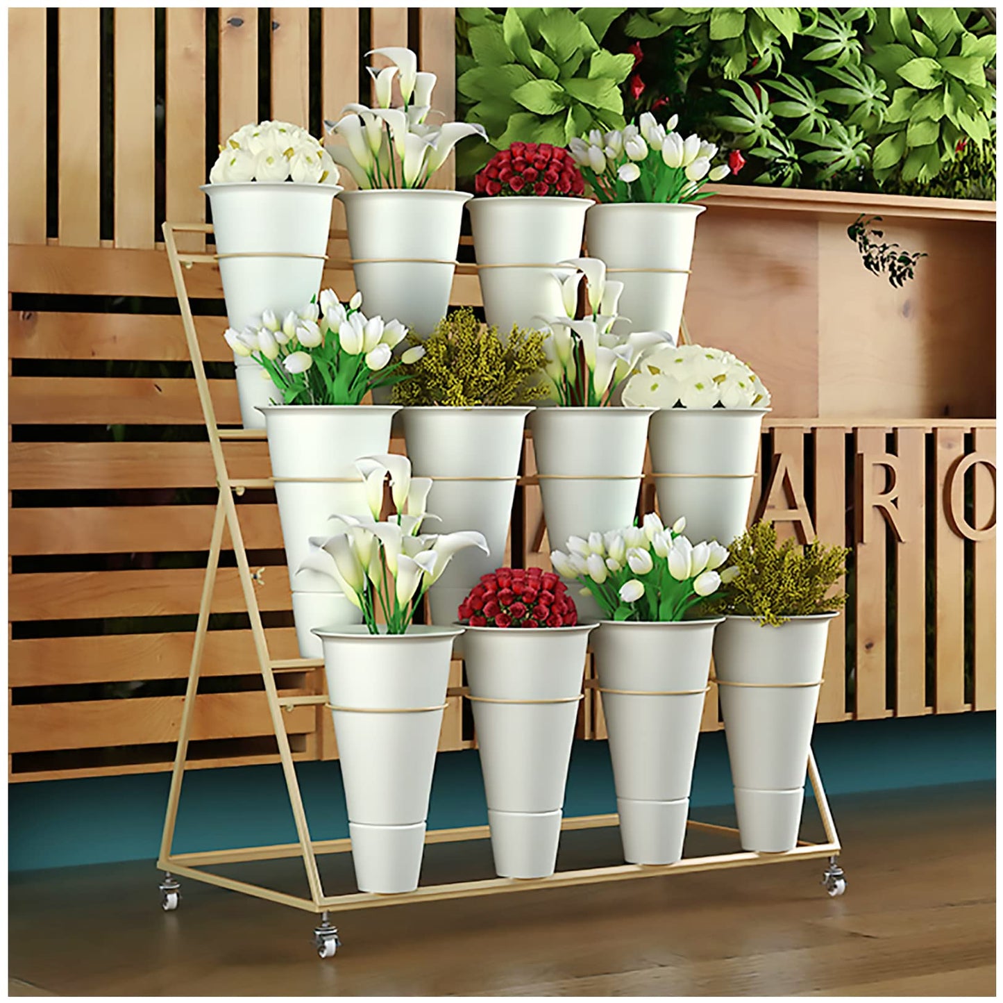Flower Display Stand, 3 Layers Heavy Duty Moving Plant Cart Shelf With Wheels and Bucket, Wrought Iron Florist Shelf, for Patio Garden, Living Room, Outdoor Flower Pop-Up Events (Golden Iron Frame)