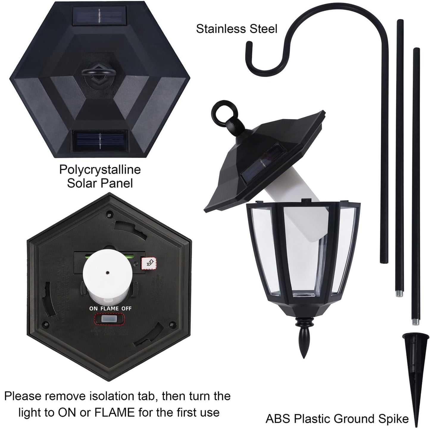 Dynaming 2 Pack Solar Flame Hanging Lights Outdoor, Halloween Solar Flickering Flame LED Garden Lanterns with 2 x 38 Inch Shepherd Hooks, Christmas Lighting for Lawn Patio Yard Pathway Driveway