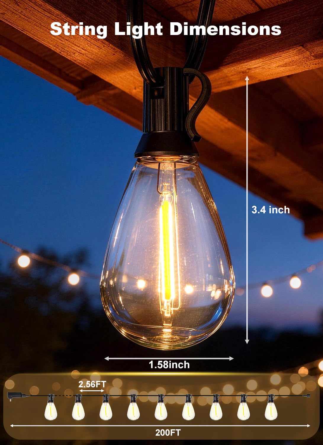 Gyecahz 200FT Outdoor String Lights Waterproof, 76+2 Shatterproof S11 LED Bulbs, Extra Long Patio Lights for Outside, Bistro Cafe Decor, Backyard Garden Hanging Lights, Outside Fence Light String