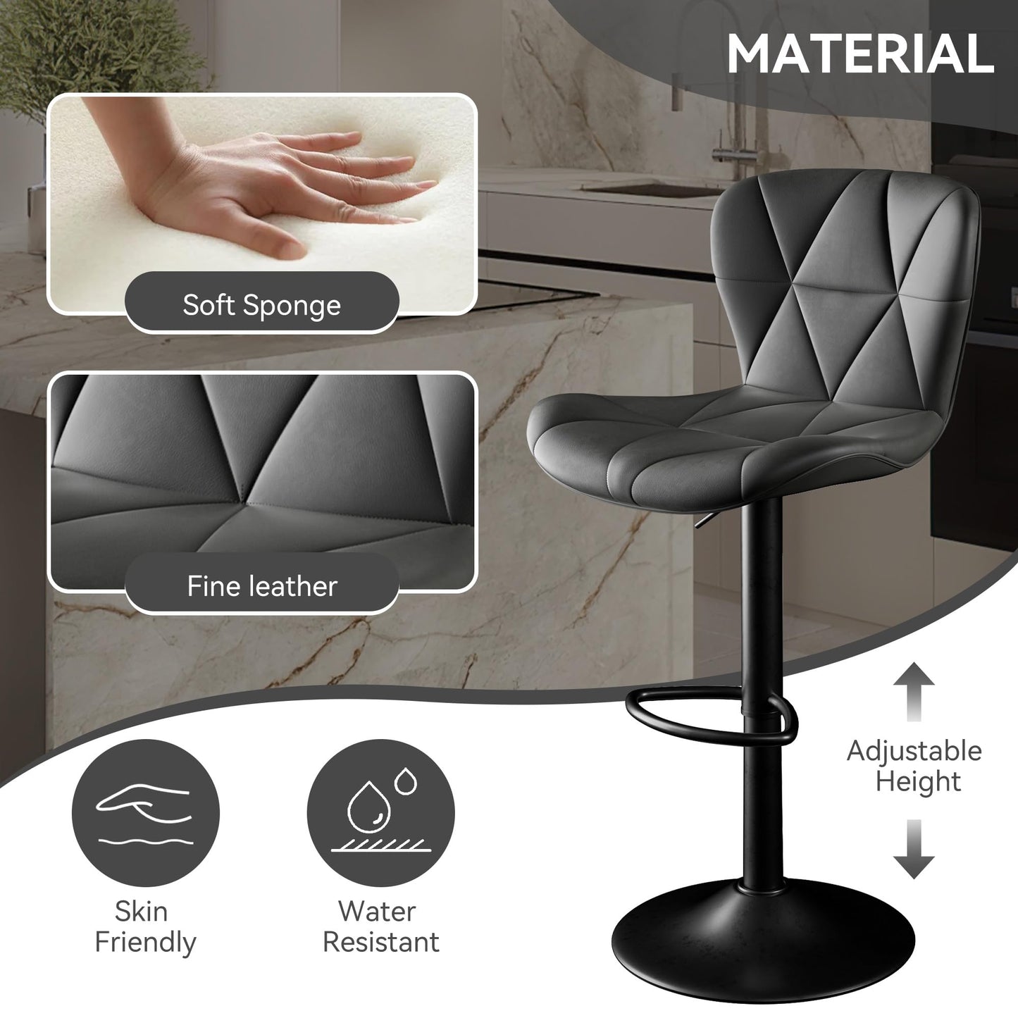Daluvenix Bar Stools Set of 2,Adjustable Swivel Barstools, Faux Leather Bar Chairs,Upholstered Counter Height with High Backrest for Kitchen Island, Black