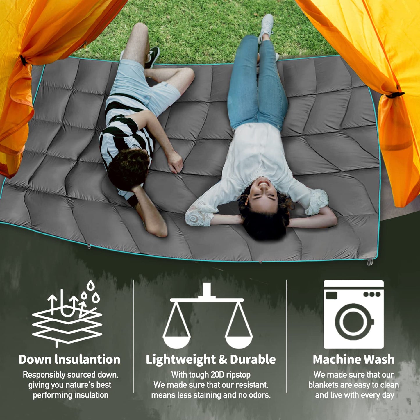GLORSIGN Outdoor Puffy Camping Blanket, Lightweight Down Alternative Printed Large Ultra Warm Quilt Waterproof for Traveling Picnic Beach Party Cold Weather (Green Mountain)