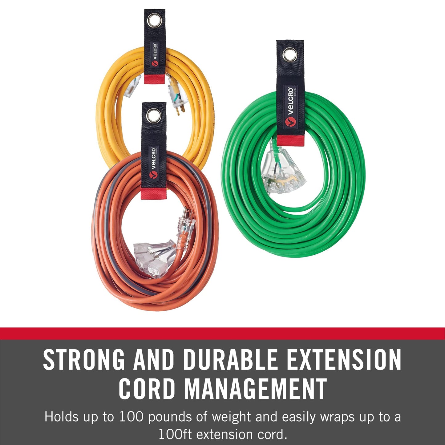 VELCRO Assorted Sizes, Small, Medium, Large Easy Hang Extension Cord Strap Hook and Loop, Bundling with Grommet (3-Pack) VEL-30750-USA