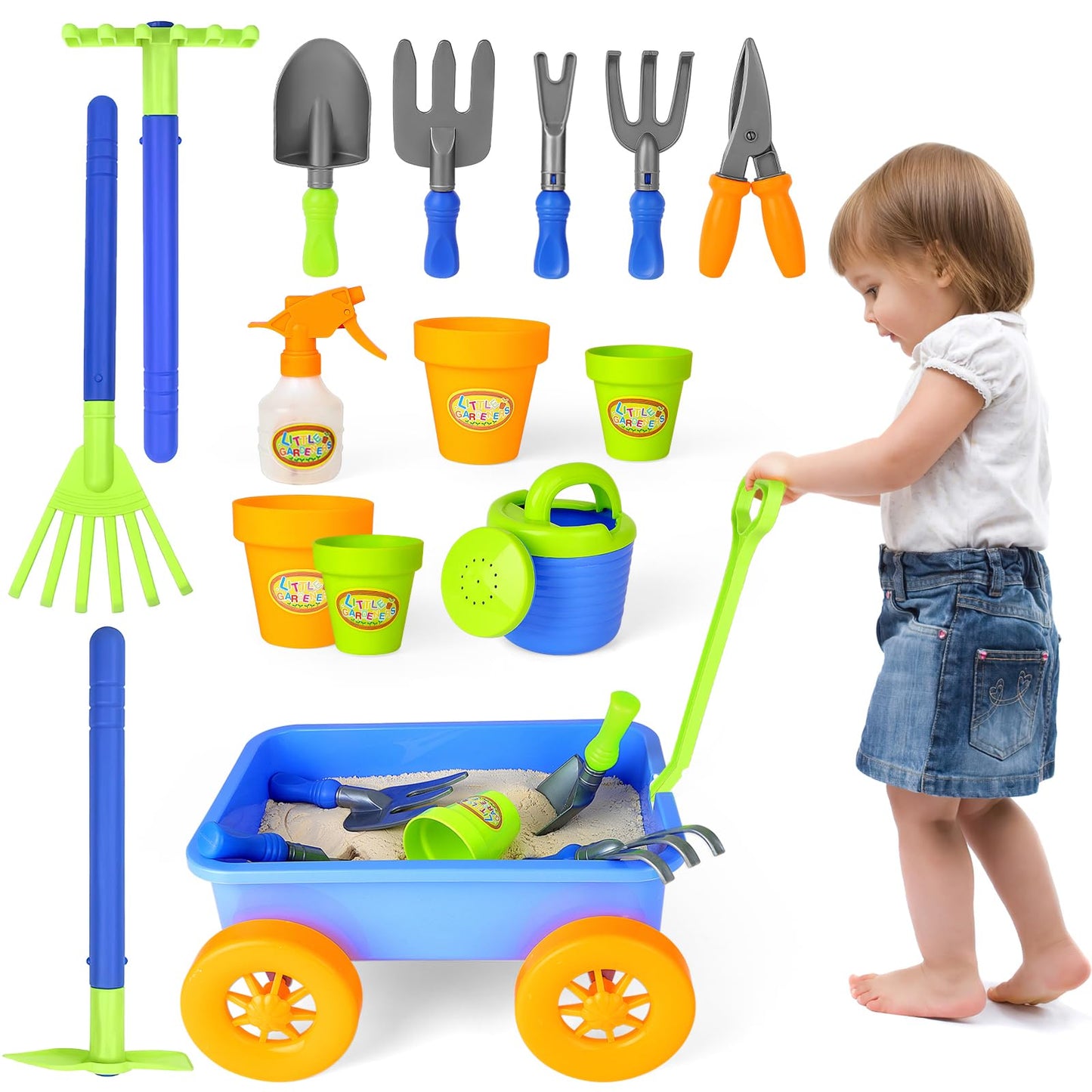 deAO Kids Garden Wagon Wheelbarrow and Gardening Tools Play Set Includes 10 Accessories and 4 Plant Pots,Great Outdoor Toddler Toys Kids Gardening Set