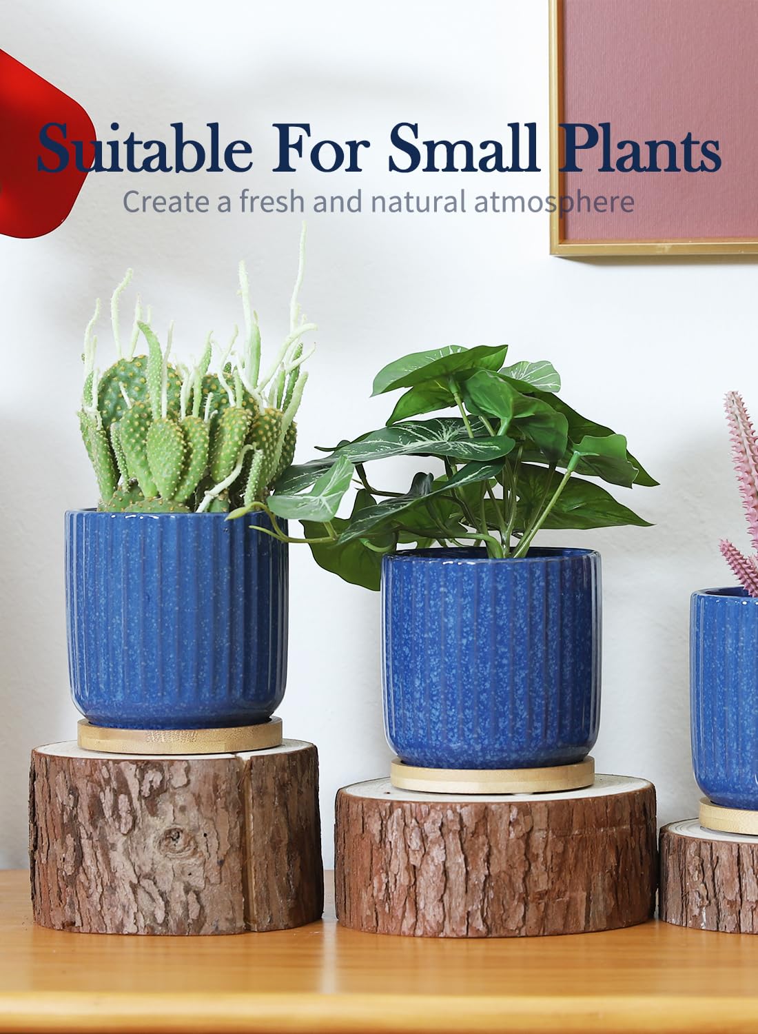 BABALIU 4 Inch Ceramic Plant Pots with Saucer & Drainage Hole, Cylinder Reactive Glaze Blue Vertical Stripes Planters with Trays for Herbs, Cactus, Flower, Small Snake Plants, Succulents, Set of 4