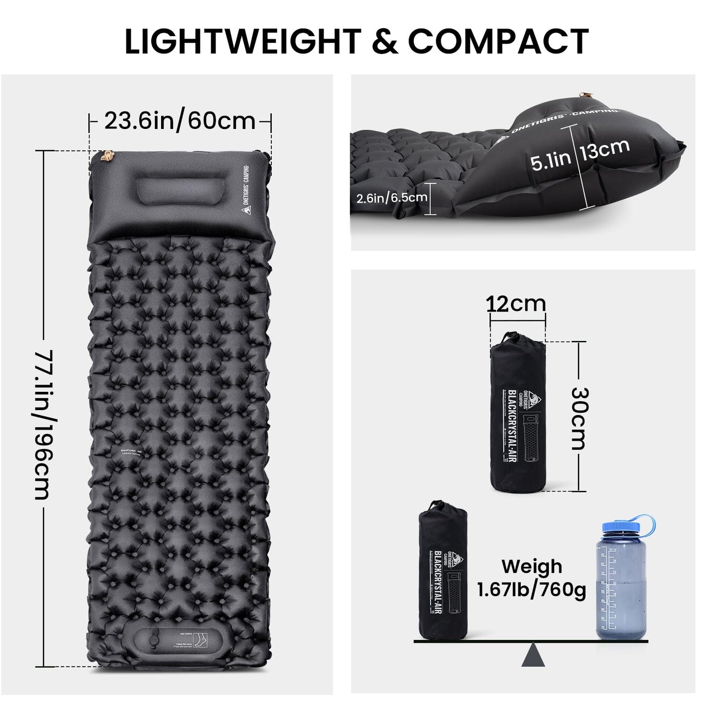 ONETIGRIS Blackcrystal Sleeping Pad, Ultralight Camping Sleeping Pad with Pillow Built-in Foot Pump Inflatable Sleeping Mat Compact for Camping Backpacking Hiking Traveling Tent