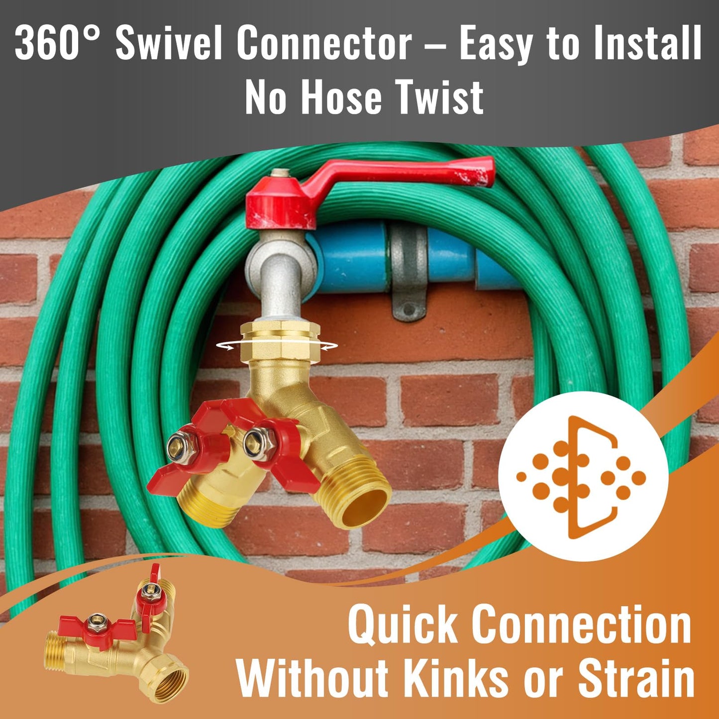 Angry Pony Brass Garden Hose Splitter 2 Way with Shut Off, Heavy Duty 3/4 GHT Hose Y Splitter for Outdoor Faucet, Dual Water Spigot Connector for Garden Watering, Sprinkler and Car-Washing