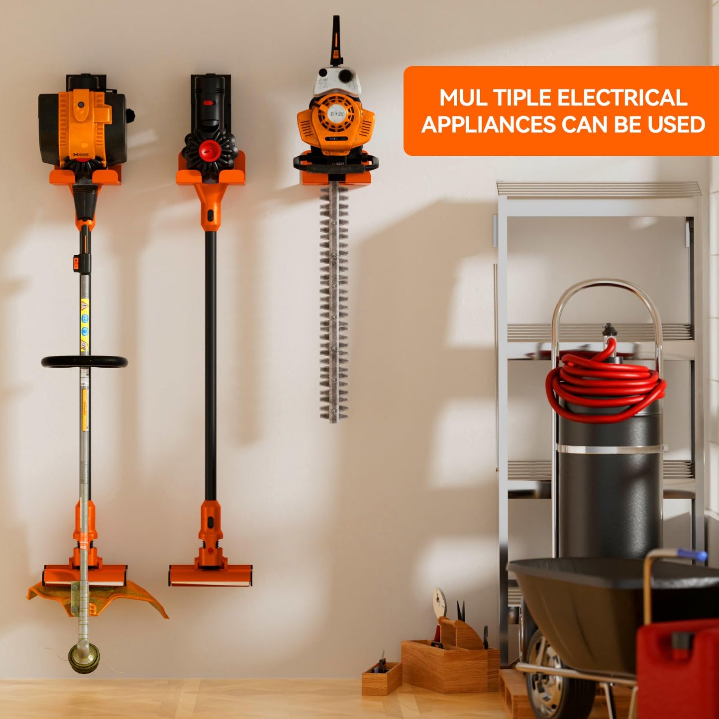 JNIHEEP Garage Organizer Trimmer Rack, Garden Power Tool Hanger Weed Whackers Holder Wall Mounted for Grass Trimmer, Hedge Trimmer, Garage Trimmer, Garden Tools,4 Pack(Orange)