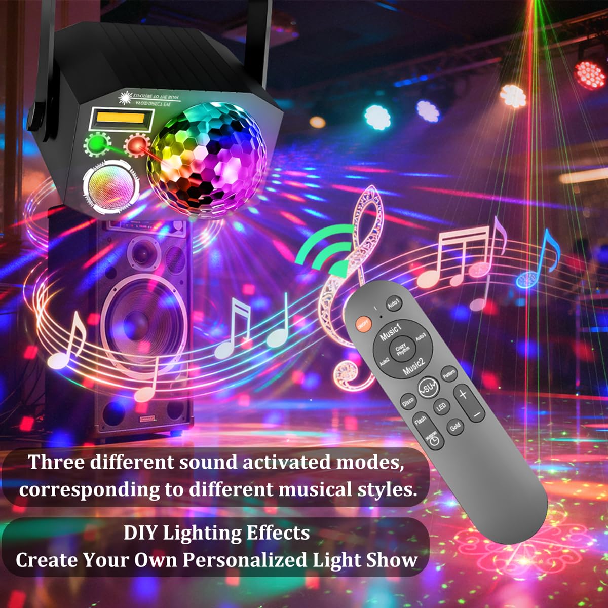 Dj Party Disco Ball Lights with Pattern and Sound Activated,10 ft USB Cable, Laucnpty LED Stage Strobe Light that Sync with Music, Christmas Rave/Home Karaoke/Dance/Club Bar Lights for Parties