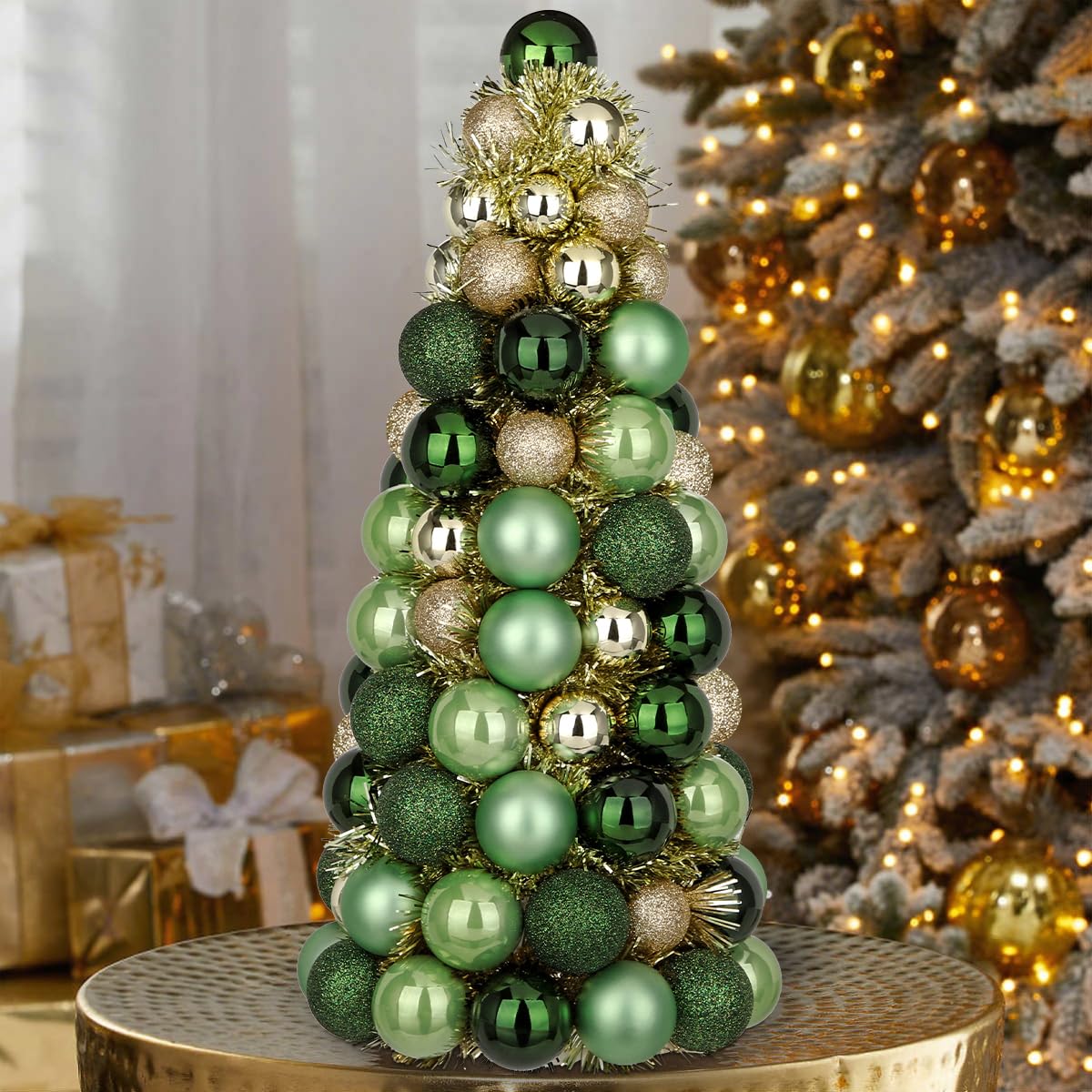 16" Tabletop Christmas Tree Small Green Gold Christmas Tree Decorations with 94 Shatterproof Ornaments Balls Christmas Centerpiece Mini Cone Xmas Tree for Holiday Party Wedding Table Desk Mantel Decor