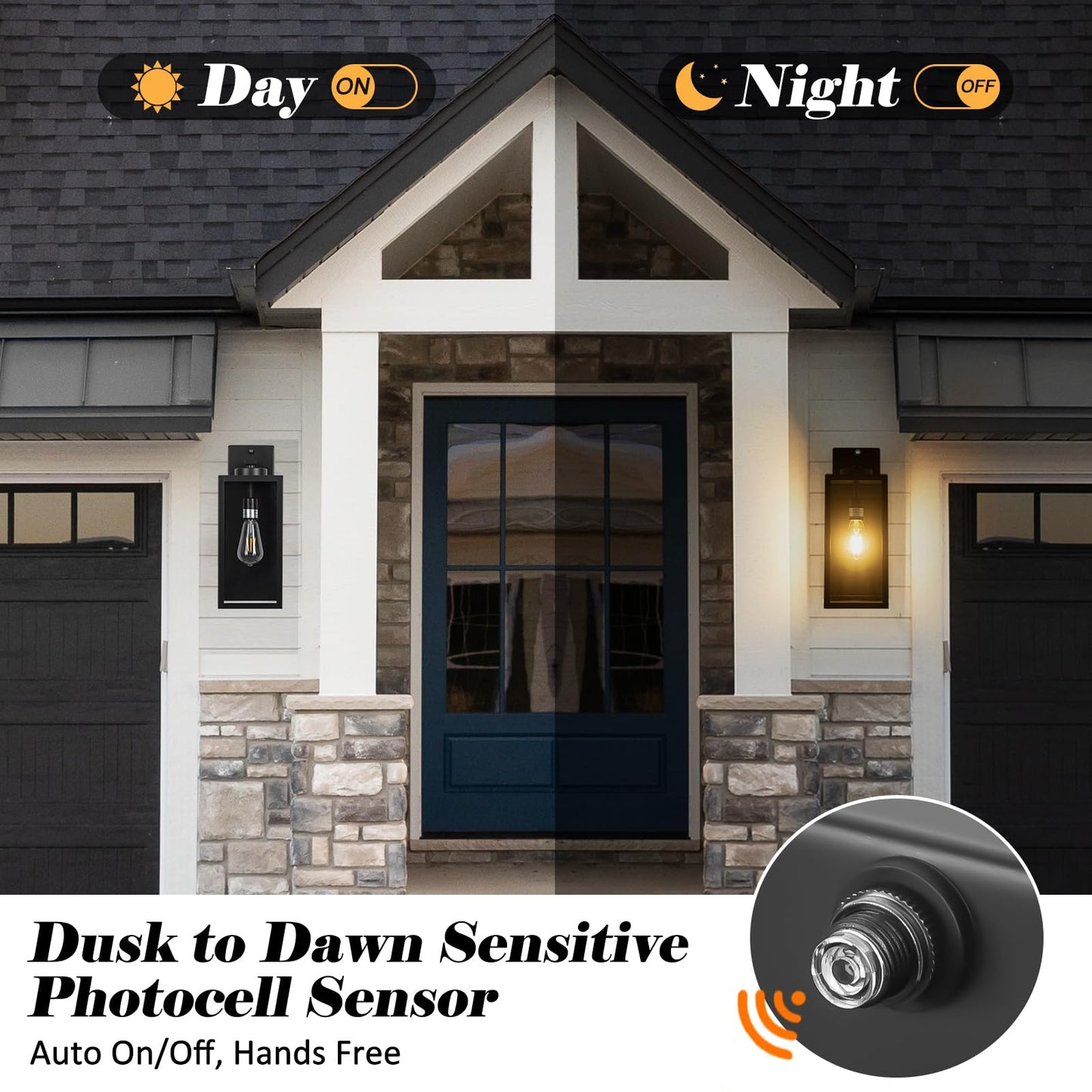 16-inch Dusk to Dawn Outdoor Wall Light Fixture, Large Black Exterior Wall Lantern Waterproof, Farmhouse Porch Sconce Lighting, Modern Wall-Mounted Outside Lights for House Garage, Patio Lamp, 2 Packs