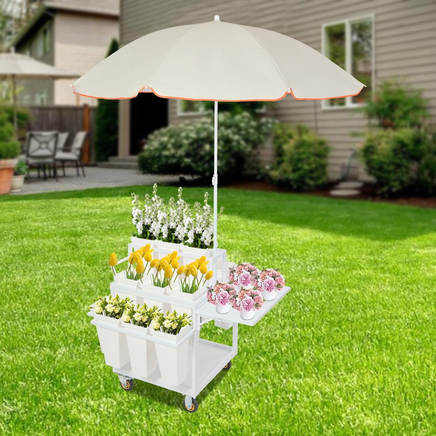Flower Stand Cart with Large Umbrella 5x5.8ft, 110lb Capacity Metal Flower Bar with Wheels, Flower Plant Stand with 18 Buckets, 3 Tier Rolling Stand Cart for Indoor Outdoor Patio Garden Florist (Silver White)