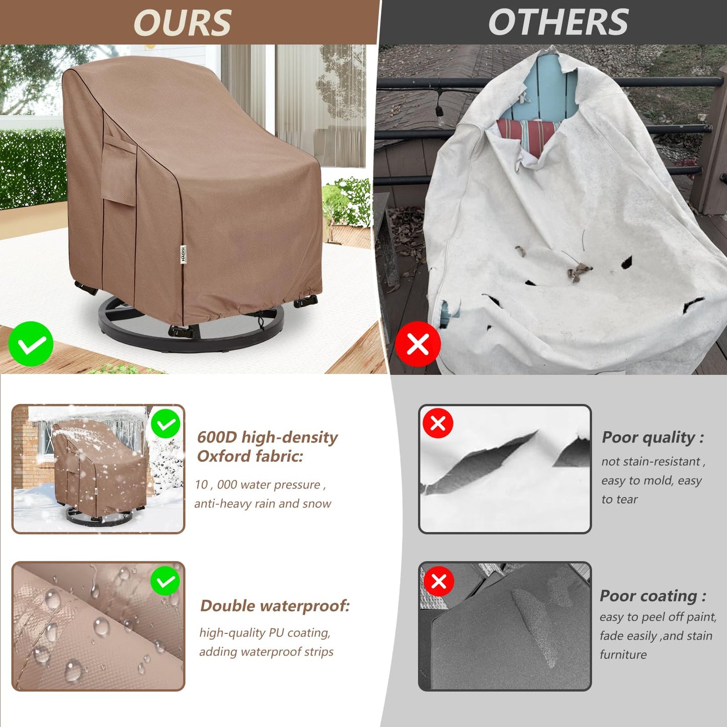 Hadisi Patio Chair Covers for Outdoor Furniture Waterproof 4 Pack, Heavy Duty Waterproof Outdoor Swivel Chair Cover (30"W x34"D x36"H - Brown)